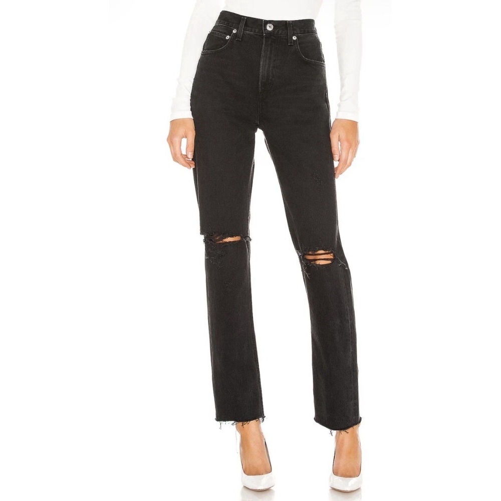 AGOLDE Cherie Jeans Women 29 Black High Rise Straight Distressed Raw Hem USA